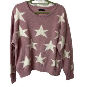 Womens 2XL Sweater Dusty Pink Star Print Knit Pullover Long Sleeve